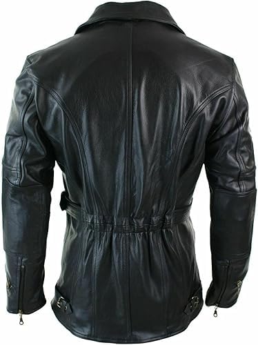 Hide & Seek Men's Cross Zipper Brando Belted Motorcycle Long Leather Jacket - Officer Biker Genuine Leather Coat3