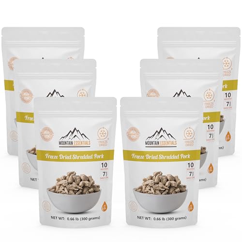MOUNTAIN ESSENTIALS Freeze-Dried Shredded Pork &ndash; Fully Cooked, Ready-to-Eat Meat | 10 Servings per Pouch | 7-Year Shelf Life | Ideal for Daily Meals, Camping, Emergency Preparedness & Survival | Made in USA | Pack of 6