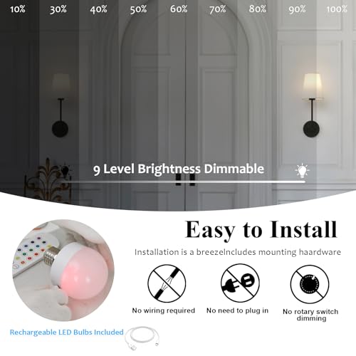 Image of Pathson Battery Operated Fabric Wall Sconce Light Set of 2, Rechargeable Dimmable Wall Vanity Lights White Fabric Lampshade, Remote Control Wireless Wall Lamp for Bedroom Living Room, Bulb Included
