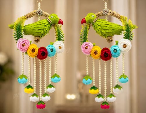 Image of Divyakosh Handmade Parrot Hanging for Home Decor Set of 2 | Indian Festive Door Wall Hanging with Pearl Tassels & Floral Design| Latkan for Diwali, Wedding, Housewarming, Living Room & Balcony