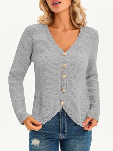 Image of Saodimallsu Womens V Neck Cardigan Sweaters Button Up Cropped Boho Knit Long Sleeve Loose Trendy Sweater Tops
