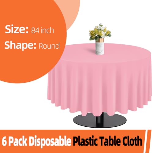 Image of tujol Pink 6 Pack Plastic Table Cloth 84 inch, Disposable Round Tablecloth Table Cover, Plastic Tablecloths for Parties