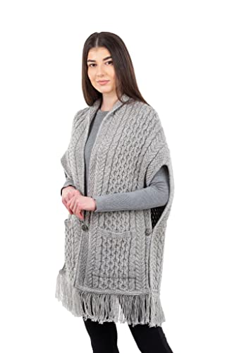 Image of SAOL 100% Merino Wool Shawl /Poncho Sweater /Open Cardigan /Wool Cape with Pockets with Fringe Trim and Trinity Knot Button