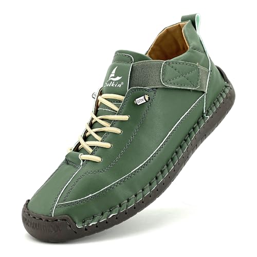 Women's Comfort Walking Shoes, Handstitched Pu Leather Ankle Boots, Green Slip-On Outdoor Flats