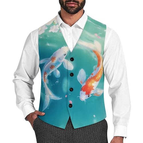 Japanese Fish Printed Men's Suit Vests Business Formal Dress Vest V-Neck Waistcoat for Wedding Casual