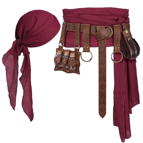 Pirate Costume Accessories Bandana Head Scarf Belt Set with Waist Sash Skirt Hike & Coin Pouch for Women Men Cosplay (Brown-Bottle)