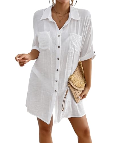 Eddoyee Women’s Button Down Shirts V-Neck Long Sleeve Bikini Bathing Suit Cover Up Plus Size Casual Blouse Beachwear