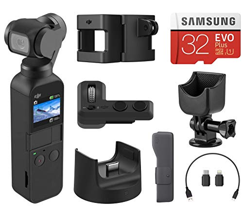 DJI Osmo Pocket Handheld 3 Axis Gimbal Stabilizer with Integrated Camera, Essential Bundle with Osmo Pocket Expansion Kit Part 13, Cradle, 32GB microSD