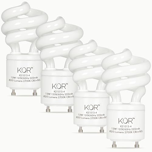 KOR (4 Pack) 13 Watt Mini Spiral - GU24 Base - (60W Equivalent) - T2 Mini-Twist - CFL Light Bulb (Warm White (2700K), CFL)