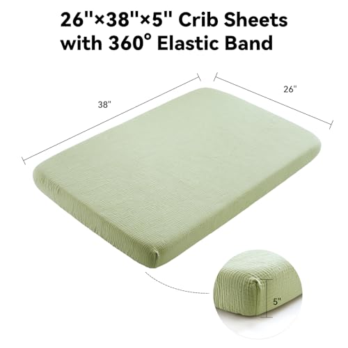 Image of TILLYOU Muslin Mini Crib Sheets 2 Pack, Pack and Play Mattress Sheets Fitted for Pack N Play, 38 x 26 Sheet for Toddler, Forest Green and Light Green