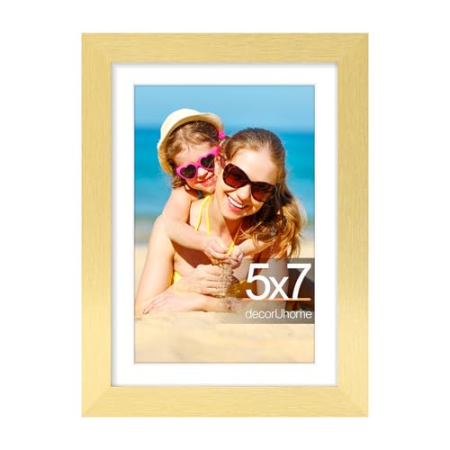 decorUhome 5x7 Picture Frame, Display Photos 4x6 with Mat or 5x7 Unmatted, Engineered Wood Frame with Plexiglass for Wall and Tabletop Display, Gold, Set of 1