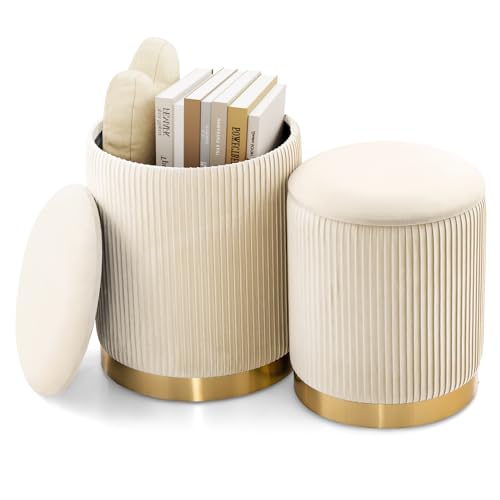 Giantex Ottoman with Storage - Set of 2 Storage Ottomans, 1 Large & 1 Small Nesting Ottoman Side Table, Upholstered Velvet Round Foot Rest Vanity Stool for Bedroom Living Room (Beige & Golden)