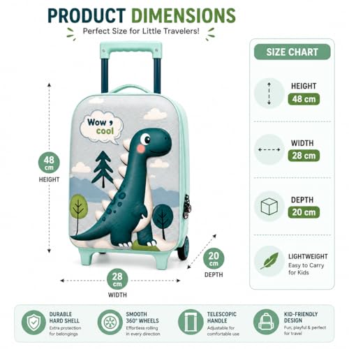 Image of PLUSPOINT Dinosaur Theme Kids Trolley Bag | 16 Inch Hard Shell Cabin Luggage with Wheels | Lightweight Travel Suitcase for Boys & Girls | School Trips, Vacations, Holidays & Weekend Travel