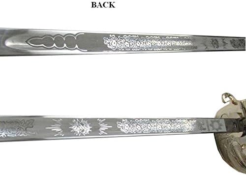 Close-up of the back side of the sword blade with etched designs.