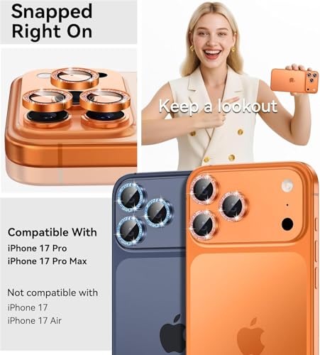 Image of for iPhone 17 Pro /iPhone 17 Pro Max Camera Lens Protector Glitter - for 17pro promax Cute Girly Metal Individual Bling Ring Cover for Women, 9H Anti-Scratch Tempered Glass, Cosmic Orange
