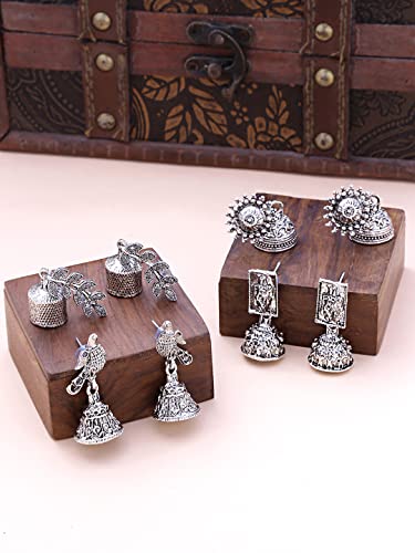 Image of Yellow Chimes Earrings for Women & Girls | Traditional Silver Oxidised Jhumka | German Silver Oxidized Drop Earring Set | Earrings Combo | Accessories Jewellery | Birthday & Anniversary Gift