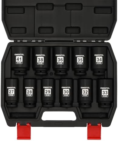 EMENTOL 11PCS 1/2-Inch Drive Spindle Axle Nut Impact Socket Set, CR-MO, 6 Point, Metric, 1/2" Dr. Deep Impact Socket Set, 27mm - 41mm