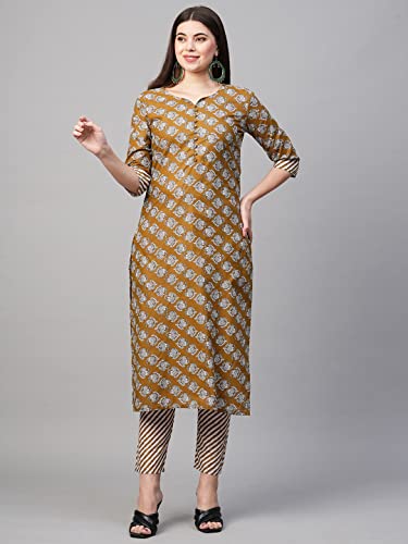 Image of GoSriKi Women's Cotton Blend Printed Straight Kurta With Pant