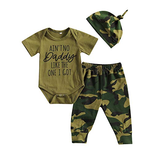 3Pcs/Set Baby Boy Outfit Short Sleeve Letters Print Romper Bodysuit Camouflage Pants Hat Summer Clothes (Daddy, 0-3 Months)