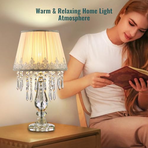 Siljoy Elegant Bedside Crystal Table Lamp Set Of 2 Dimmable Nightstand Lamp With White Ruched Fabric Lampshade Modern Raindrop K9 Crystal Desk Lamp For Bedroom Living Room 22.8'' Tall thumb #6