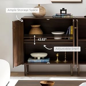 Boho buffet cabinet with storage 2 doors natural rattan accent cabinet farmhouse storage cabinet with adjustable shelves for entryway kitchen living roomwalnut  urban country home decor