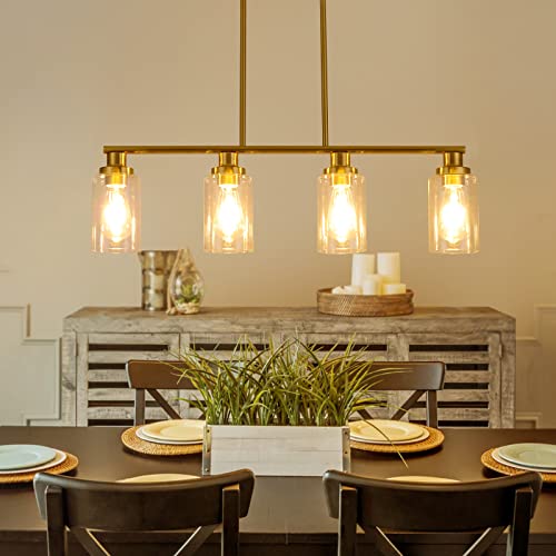 KPIOK Kitchen Island Lighting, 4-Light Dining Room Light Fixtures Over Table,Gold Linear Chandelier for Dining Room Hanging,Pendant Lights Kitchen Island with Clear Glass Shade by KPIOK - Used condition - Image 5