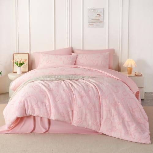 Image of PERFEMET Girls Bedding Set Full Size - 5 Pieces Pink Bow Comforter Set Full Bed in a Bag with Sheets, Soft All Season Embossed Bowknot Jacquard Bedding Comforter Set Cute Bedroom Decor