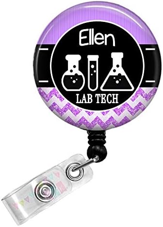 Personalized - Lab Tech with Beakers - Purple - Glitter Chevron - Button Badge Reel - BR0032