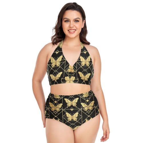 Bikini grande taille haut de gamme noir et doré à taille haute