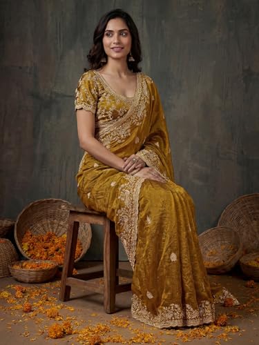Image of SIRIL Women's Tissue Silk Scalloped Border Embroidery Saree with Unstitched Blouse Piece