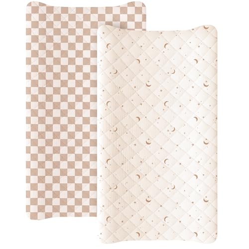 Image of Konssy Waterproof Muslin Changing Pad Cover 2 Pack, Quilted Cotton Fitted Diaper Changing Table Cover, Soft Changing Pad Sheets for Girls Boys (Coffee Check,Moon)