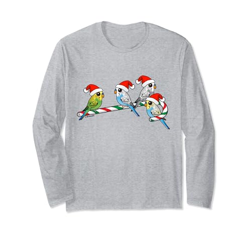 Santa Claus Budgies on Christmas Candy Cane Cute Holiday Long Sleeve T-Shirt