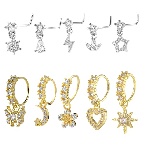 10 Pcs Dangle Nose Ring Hoop 20g Cz Flower Star Moon Butterfly Crown Nose Rings with Charm L Shaped Dangling Noses Stud Cute Noses Indian Piercing Jewelry Cartilage Earring For Women Silver Gold