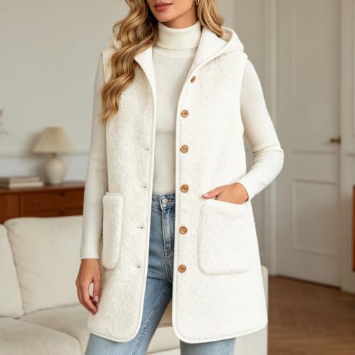 Fleece Hooded Vest Women Sharpa Sleeveless Button Down Long Jackets Vests - image 2