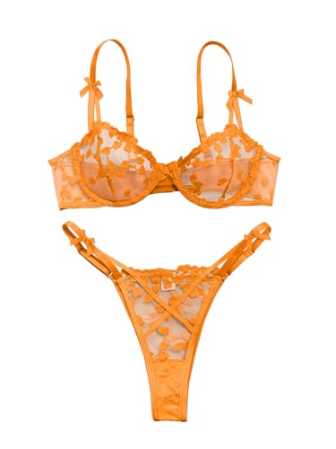 Image of Lilosy Sexy Underwire Cute Push Up Strappy Embroidered Mesh Sheer Lingerie Set See Through Panty Bra