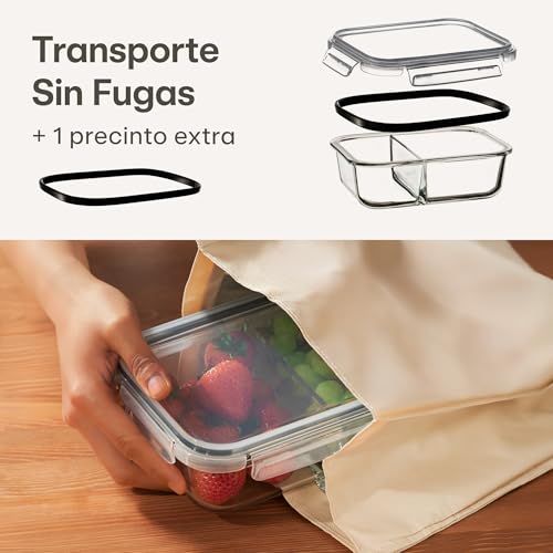 Miniatura 3 de Praknu Meal Prep Cristal Con 2 Compartimentos - Juego De 2 Recipientes Hermeticos - 1 Litro - Aptos Para Lavavajillas, Microondas Y Horno