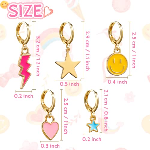 Yalasoba 9 Pairs Preppy Earrings Pack With Colorful Happy Smile Lightning Bolt Heart Star Charms Pendants Gold Small Huggie Hoop Dangle Earrings Trendy Y2K Preppy Jewelry Gifts For Teen Girls Women #TOP1