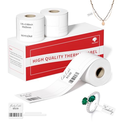 Phomemo Labels,Jewelry Price Tags - Self-Adhesive Sticker Labels Compatible with Phomemo M100/M110/M220 Label Printer,M110 Thermal Label for Cabel, 1.18 x 0.98 Inch (30x25mm+45mm),100PCS x 3 Roll