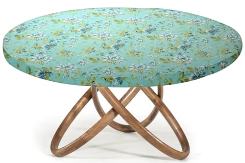 Image of The Furnishing Tree Elastic Cotton Round Dining Table Cover 36x36 in Inches Floral Golden Leaf on Blue Base
