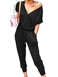 Adibosy Women's V Neck Jumpsuits Short Sleeve Loose Jumpsuit Elastic Waist Romper Summer Rompers for...