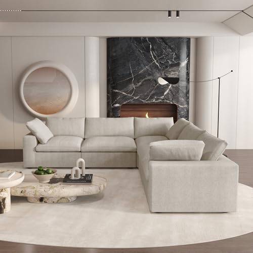 WJShome Cloud Modular Sectional Sofa,160.6" Down Filled 5 Seater Couch,V Shaped Oversized Convertible Sectional Sofa for Living Room,Covers Removable & Washable, Khaki