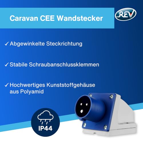 REV Caravan CEE-Stecker Wand 230V, 3-polig, 1Ph + N+ PE, IP44, blau – Ansicht 2