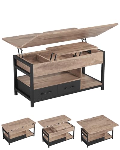 Mesa de Centro de Altura Ajustable, 3 en 1, Multifunción, Mesa de Salón, Mesas de Café con 2 Cajones, Almacenamiento Oculto, Compartimento Abierto, Mesas de Comedor, Sala de Estar, Oficina (Caqui)