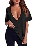 Tankaneo Womens Sexy Deep V Neck T-Shirts Summer Short Sleeve Tops Casual Loose Fit Basic Tees Black