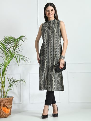 Image of feranoid Unique Printed Choker Neck Back Button Sleeveless Long Kurti