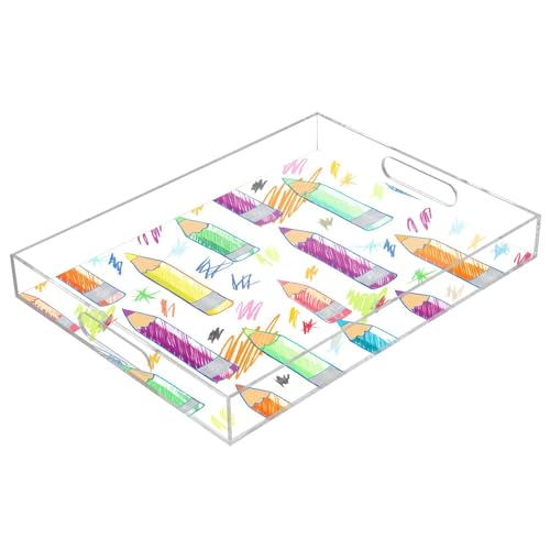 BOESI Doodle Color Pencils Acrylic Decorative Dining Tray, Acrylic Decorative Tray Organizer with Handle for Kitchen, Dining Room, Bathroom, Dresser