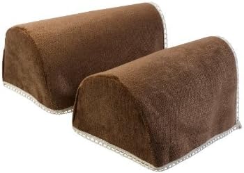 Chenille Pair of Mini Rounded Arm Caps with Lace Trim Sofa Furniture Cover (Brown)