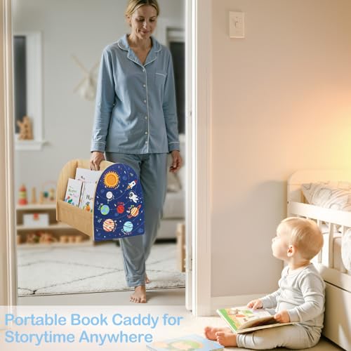Image of Toddler Bookshelf Double-Sided with 4 Tier Deep Sleeves Kids Wooden Montessori Book Rack for Baby Nursery Room, Playroom, Classroom or Bedroom Bookcase Storage Organizer, Blue Astronaut