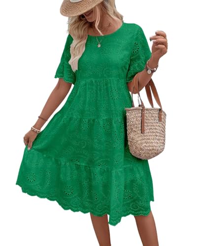 chouyatou Women's Lace Eyelet Short Sleeve Tiered Midi Long Dress Ruffle Hem Babydoll...
