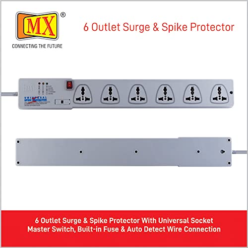 Image of MX 6‑Outlet Spike Protector & Extension Board, 3 m Power Strip with International Sockets, Master Switch, Surge Suppressor for Home & Office